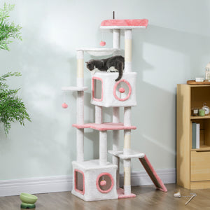 65 Inch Cat Tree with 2 Doors Condos, Plush Top Perch, Hammock, Sisal Scratching Posts, 4 Pompoms, Ramp – view 14
