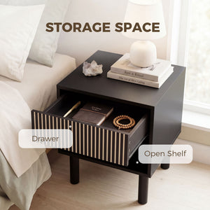 Modern Bedside Table with Drawer and Open Shelf, Sofa Side Table for Bedroom Living Room, Black