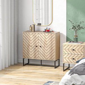 Modern Sideboard, Buffet Cabinet with 2 Chevron Doors and Adjustable Shelf, Kitchen Storage Cabinet with Steel Base, Coffee Bar Cabinet, 31.5" H, Oak