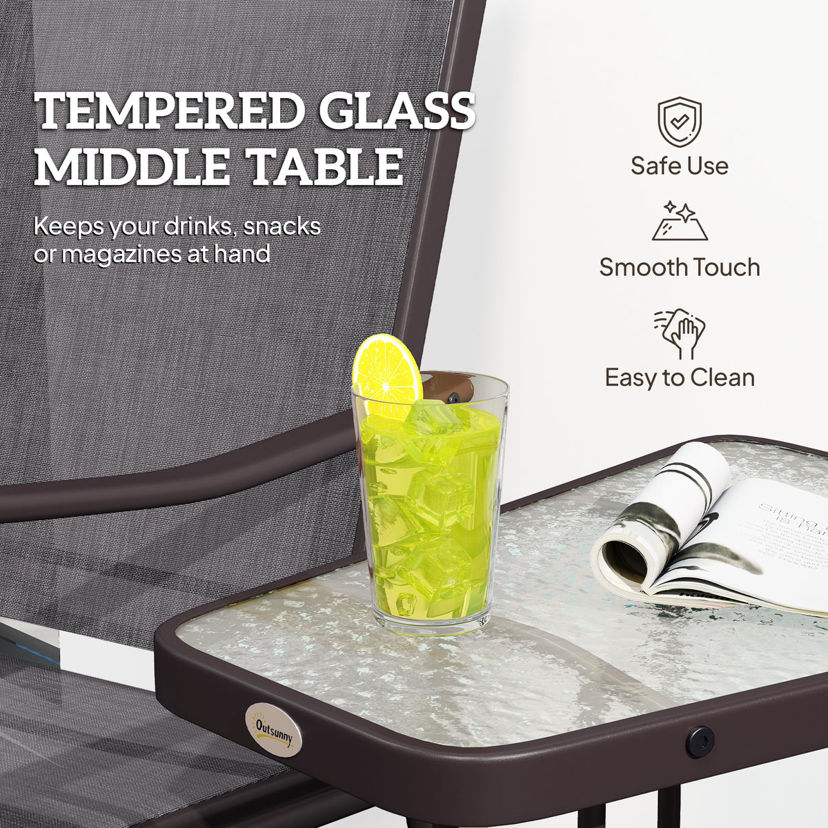 Double Patio Glider Chair with Glass Top Center Table, Outdoor Glider Loveseat with High Back – view 8