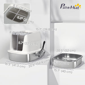Large Stainless Steel Litter Box, Enclosed Metal Cat Litter Tray with Scoop, Deodoriser Bag, Front-Entry and Top-Exit
