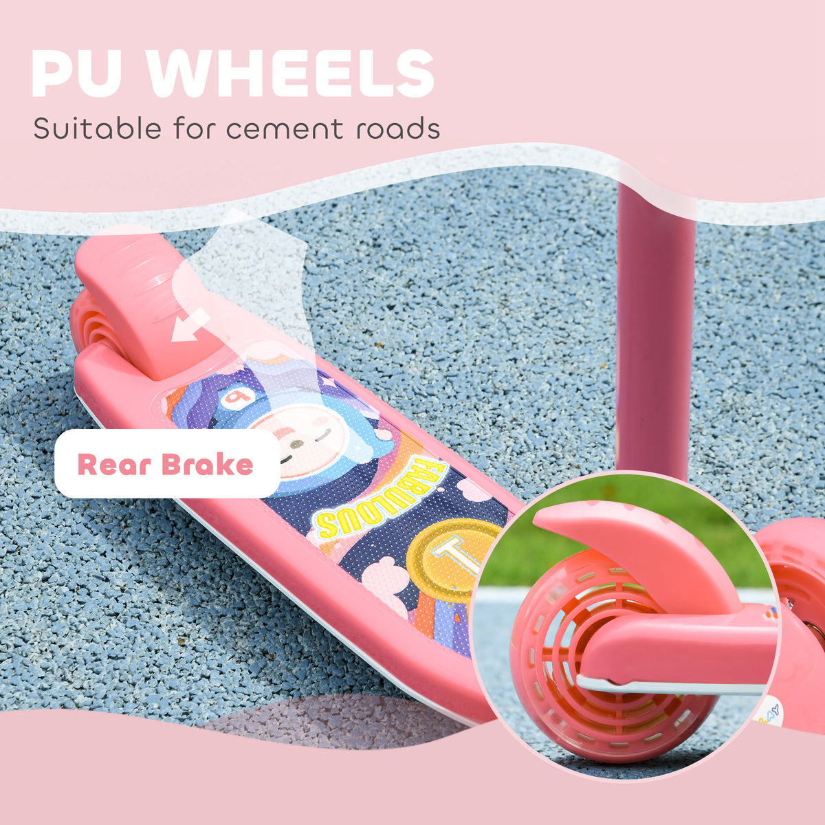 Qaba 3 Wheel Kids Scooter, Toddler Kick Scooter with Adjustable Height, Rear-Fender Brake, LED Light, TPE Handlebar