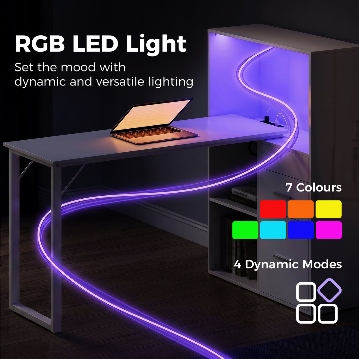54" Computer Desk with Drawers, Home Office Desk with Storage, Power Outlets and LED Lights, White