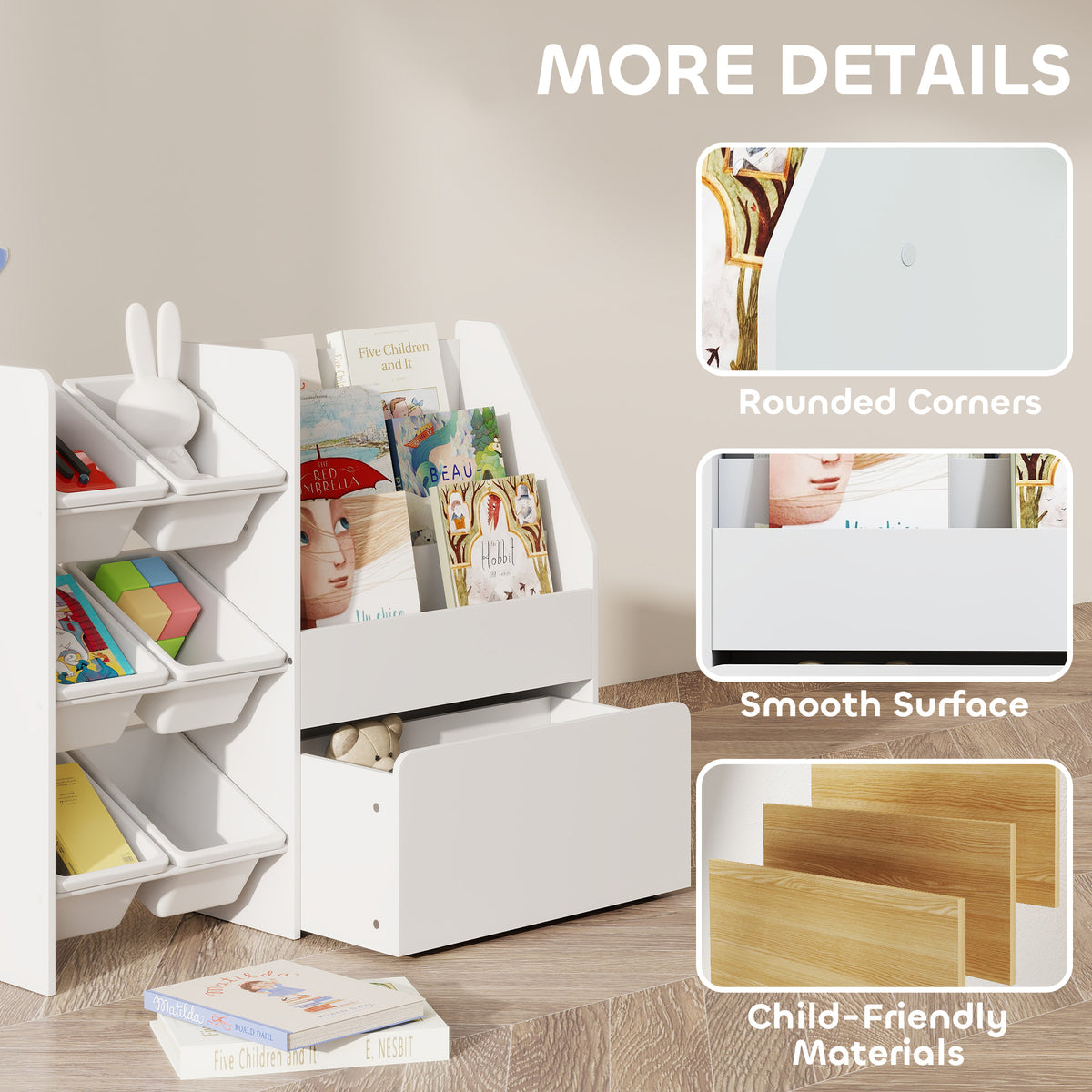 Qaba Kids Bookshelf and Toy Storage, 3-Tier Bookcase with 6 Removable Bins and Box for Toddler Nursery Playroom, White