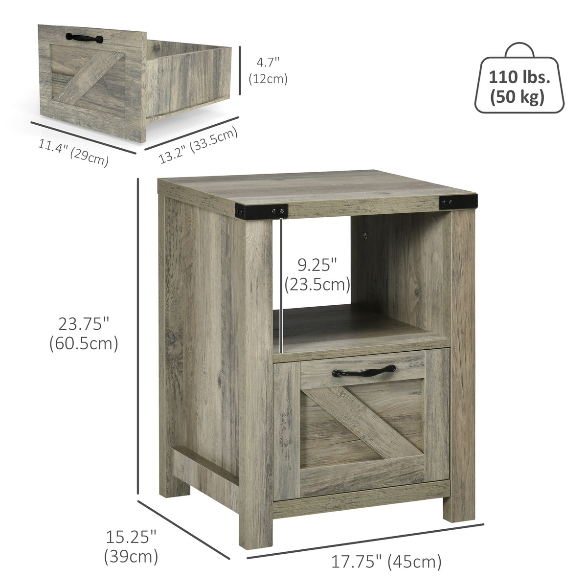Side Table with Storage, Farmhouse End Table with Drawer, Open Shelf and Barn-style Panel – view 9