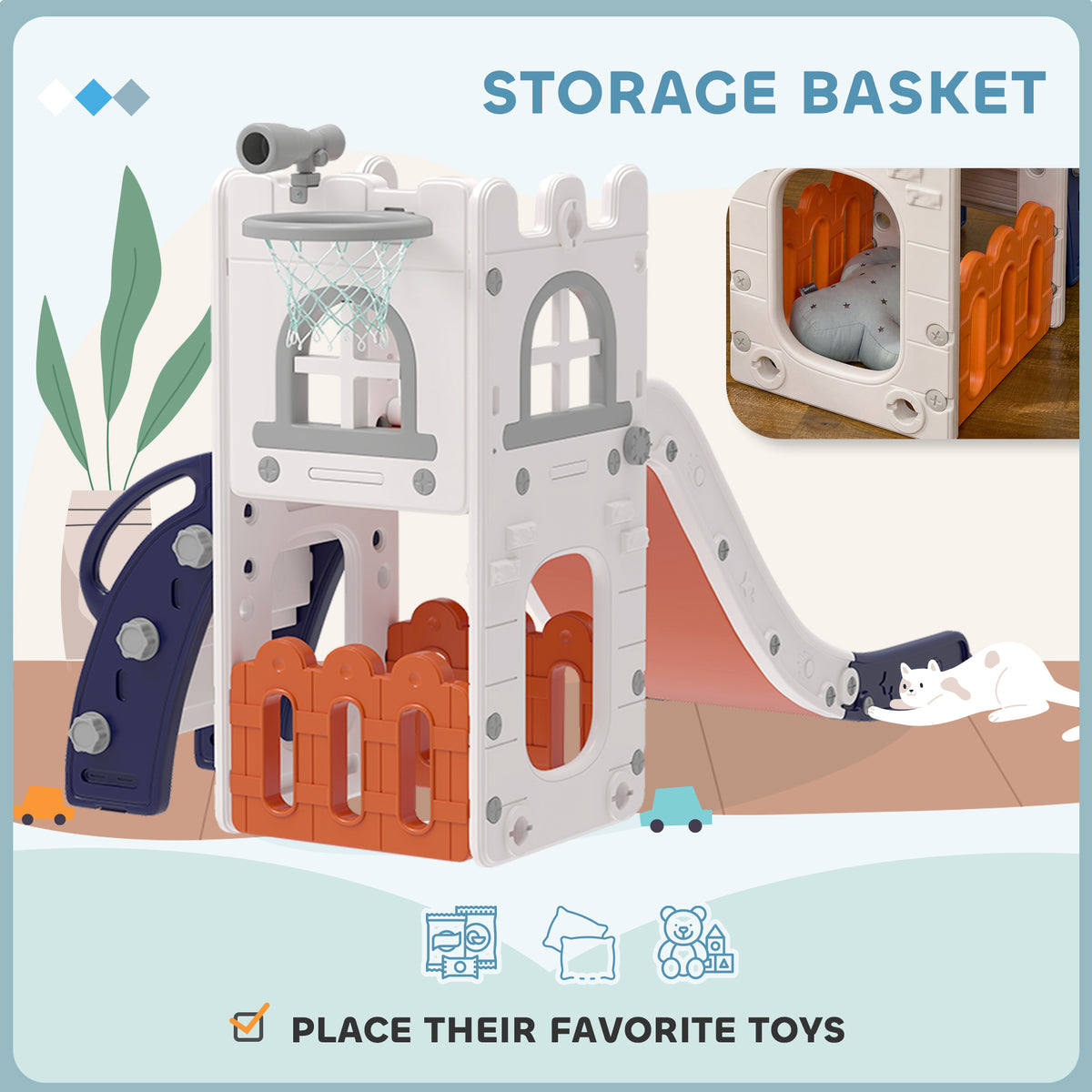 Qaba 5 in 1 Toddler Slide with Basketball Hoop, Climber, Telescope, Storage Basket, for 1-3 Years Kids Indoor Use