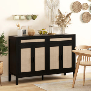Kitchen Sideboard Cabinet, Boho Buffet Table with Decorative Rattan Doors and Drawers for Dining Room, Black