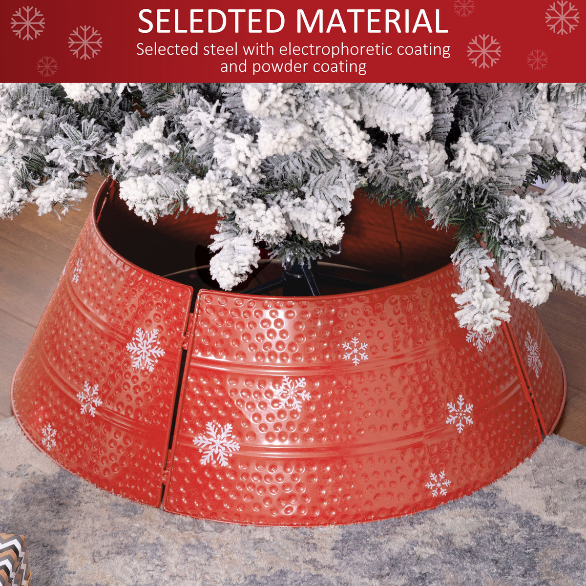 Christmas Tree Collar, 26" Metal Tree Ring Skirt, Home Xmas Decoration with Snowflake Engraving, Red