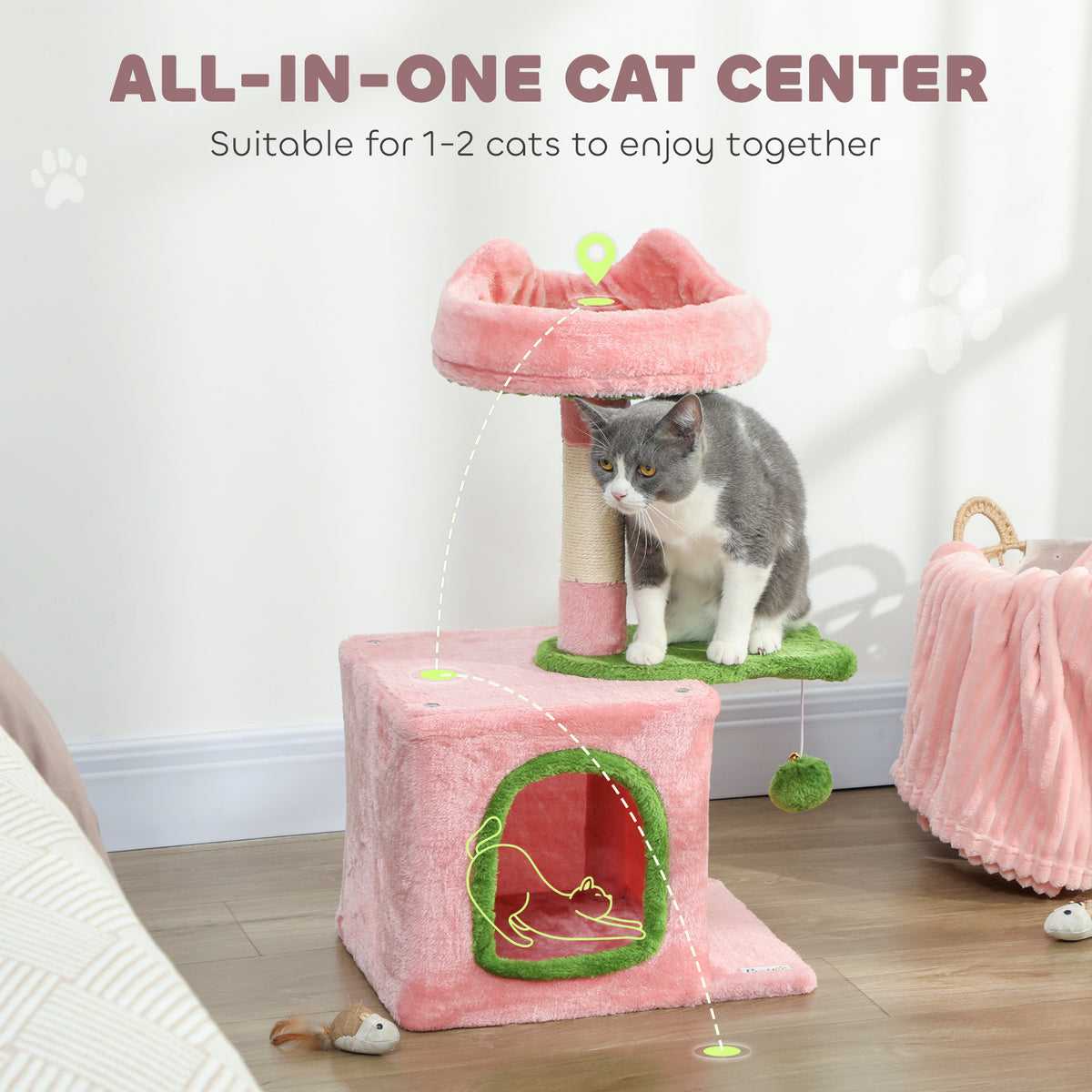 28" Cat Tree Tower with Plush Top Bed, Cozy Condo, Sisal Scratching Post, Perch, Dangling Ball, Beige and Yellow