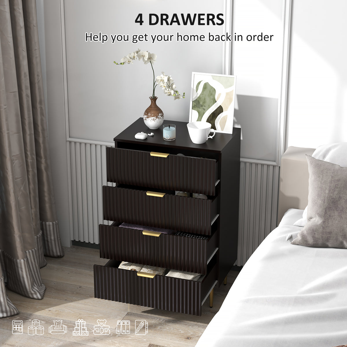 Modern Chest of Drawers 4 Drawer Dresser for Bedroom with Gold Legs and Handles, Black – view 3