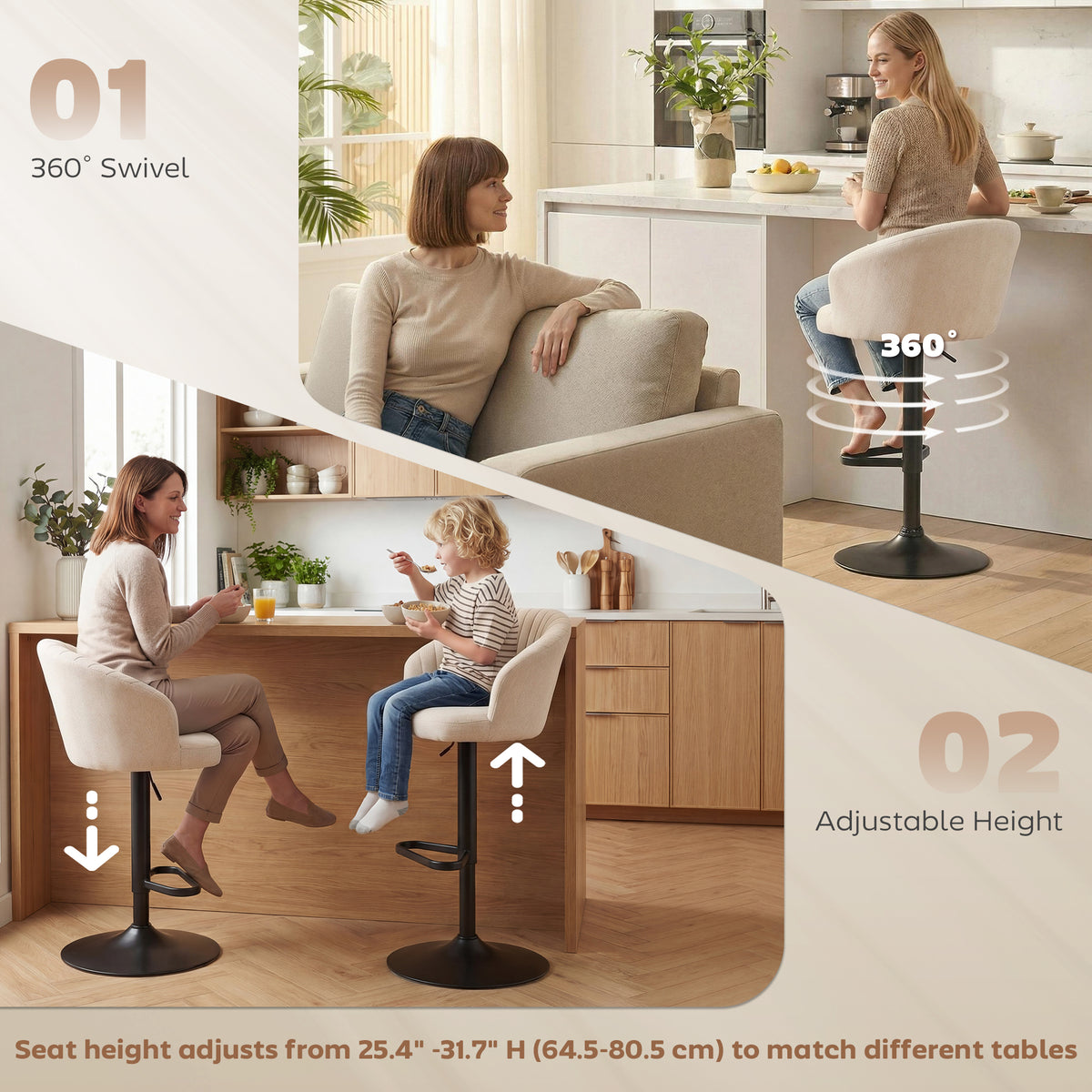 Bar Stools Set of 2, Swivel Counter Height Barstools with Back, Footrest, Adjustable Height, Beige – view 4