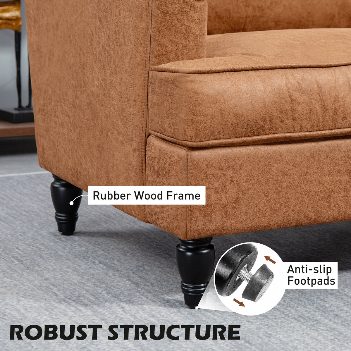 Modern Accent Chair, Leathaire Armchair with Turned Legs and Wide Seat, Comfy Chair for Living Room, Brown – view 4