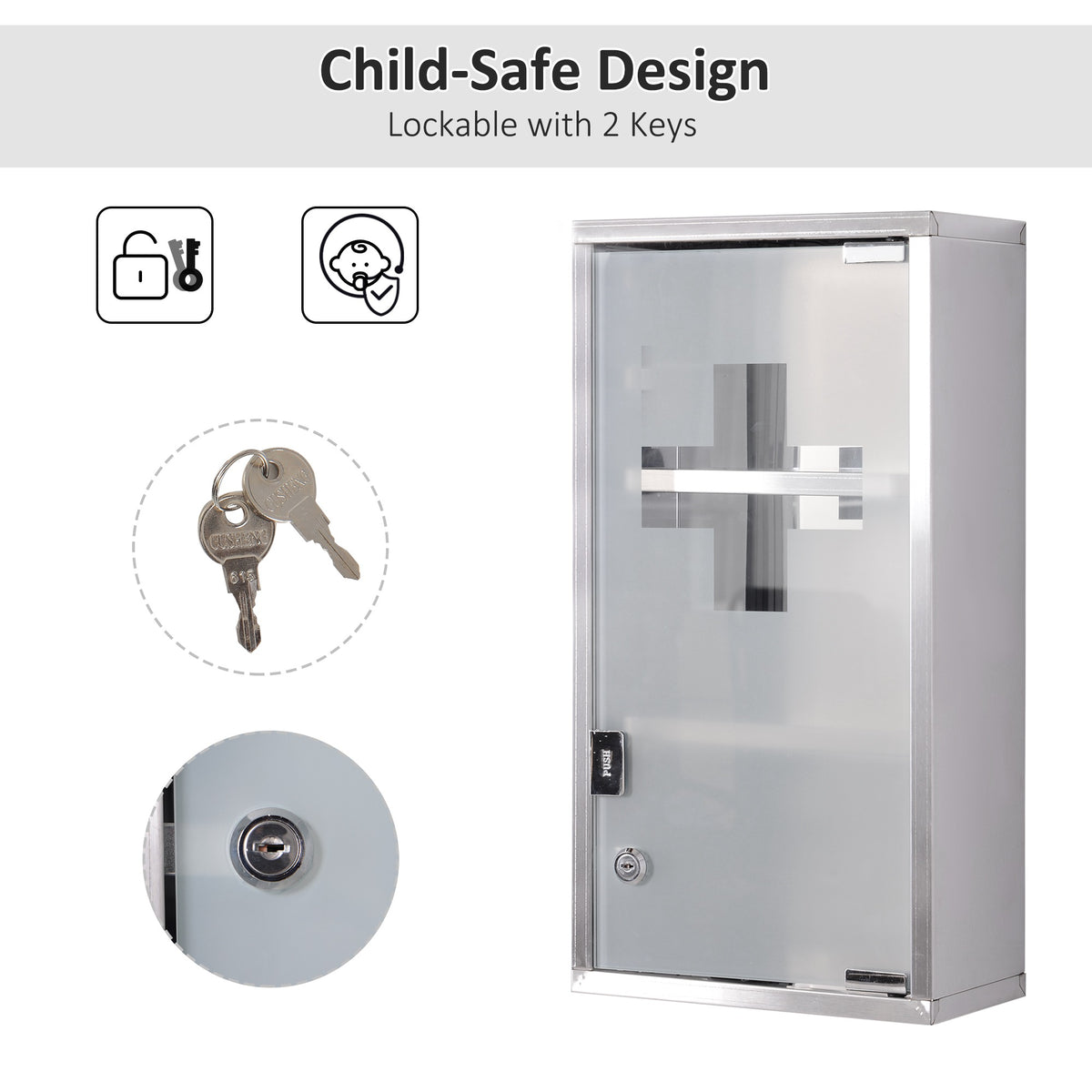 Wall Mount Medicine Cabinet, Bathroom Cabinet with 3 Tier Shelves, Stainless Steel Frame and Glass Door, Lockable with 2 Keys, Silver, 12" x 23.5"