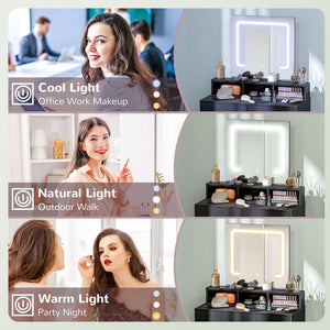 Makeup Vanity Desk with Mirror and LED Lights, for Bedroom, Modern Dressing Table with Drawers, Compartments, Black