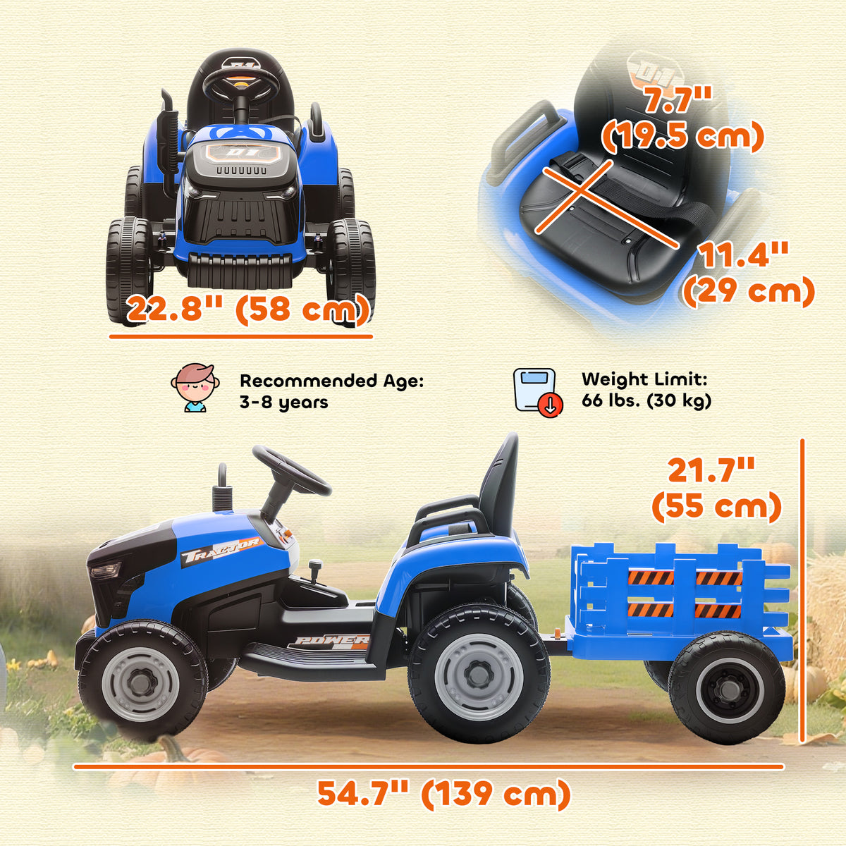 Qaba 12V Kids Ride On Tractor with Trailor, Remote Control, Music, Lights, Shifter, for Kids Ages 3-8 Years
