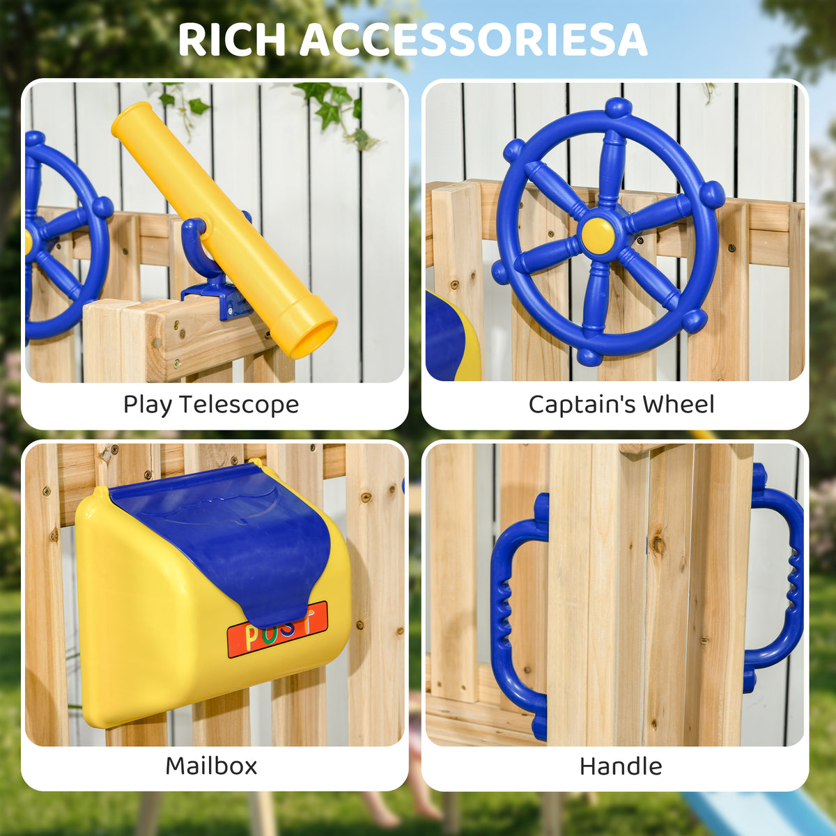 Wooden Kids Swing Set with Slide, Swing Seat, Captain's Wheel, Telescope, for Ages 18-48 Months, Natural