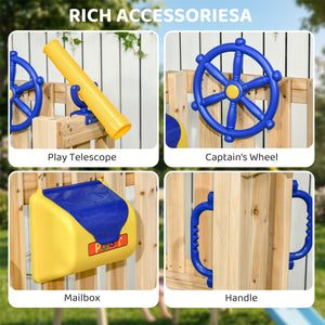 Wooden Kids Swing Set with Slide, Swing Seat, Captain's Wheel, Telescope, for Ages 18-48 Months, Natural
