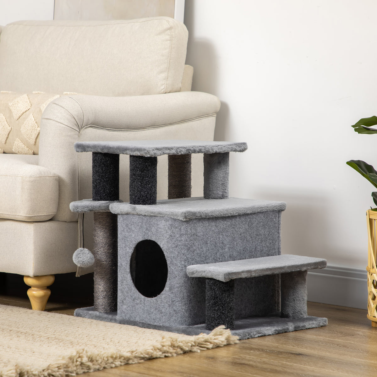 Cat Stairs Pet Steps for Couch Bed with Scratching Posts Condo Ball Toy, 23.6" x 15.7" x 26", Grey – view 7