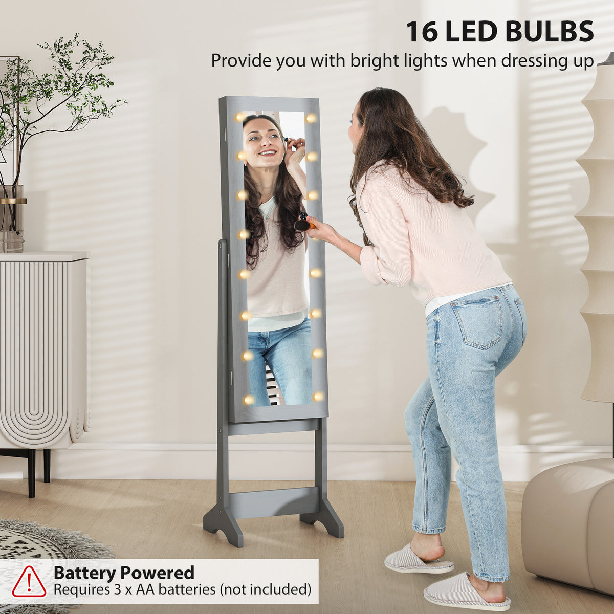 Free Standing Armoire Organizer, Lighted Mirrored Jewelry Cabinet w/ Angle Adjustable & 16 LED Lights Warm – view 18