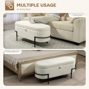 Storage Ottoman with Lift-Up Lid and Steel Legs, 45 Inches Sherpa Fleece Storage Chest for Living Room, Cream White