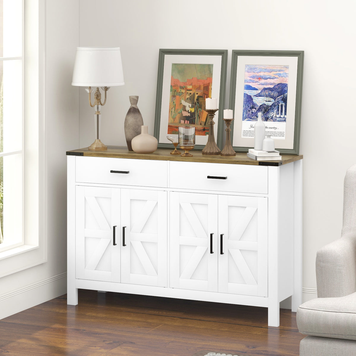 Side Cabinet, Farmhouse Kitchen Storage Cabinet w/ 2 Drawers and Shelves for Living Room, Entryway, Grey – view 19