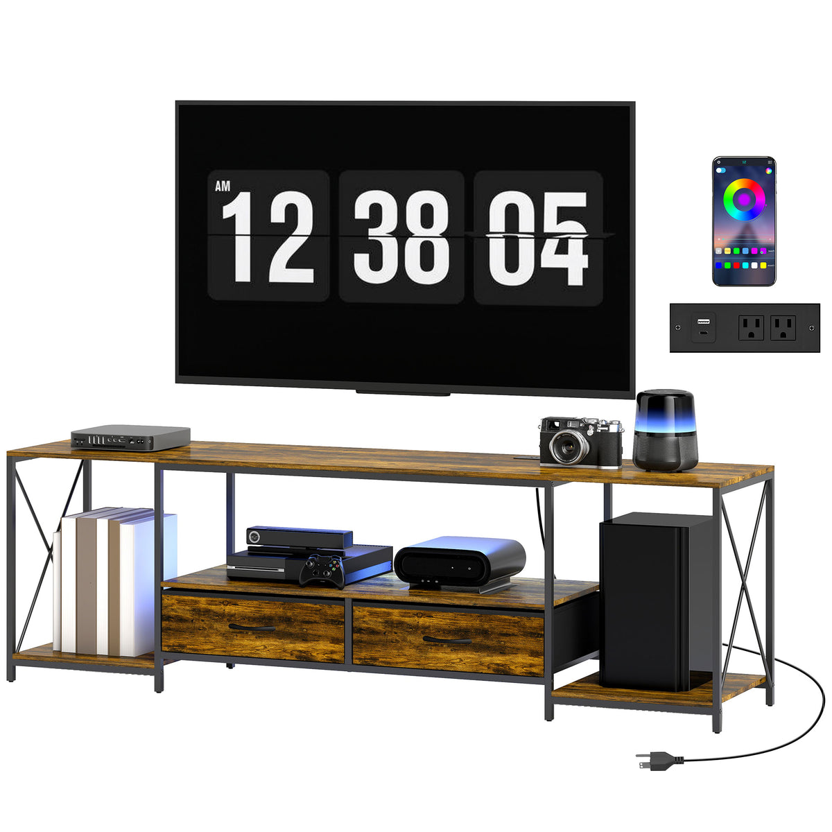 Industrial TV Stand for up to 55 Inch TV, TV Console with Charging Station and RGB LED Lights, Rustic Brown – view 8