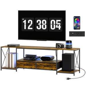 Industrial TV Stand for up to 55 Inch TV, TV Console with Charging Station and RGB LED Lights, Rustic Brown – view 8