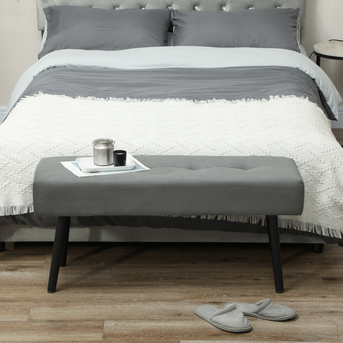 39" Upholstered Ottoman Bench, Corduroy Entryway Bedroom Bench with Padded Seat and Steel Legs for Bedroom – view 20