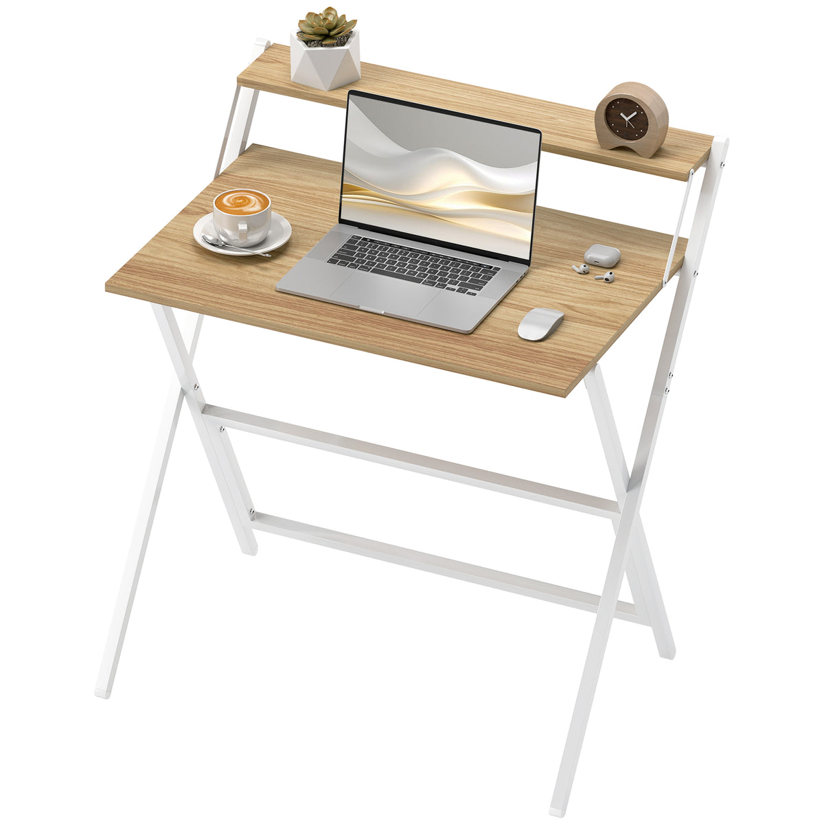Folding Computer Desk, 32" Foldable Desk with Monitor Shelf for Small Space, Home Office, Easy Assembly, Natural Wood