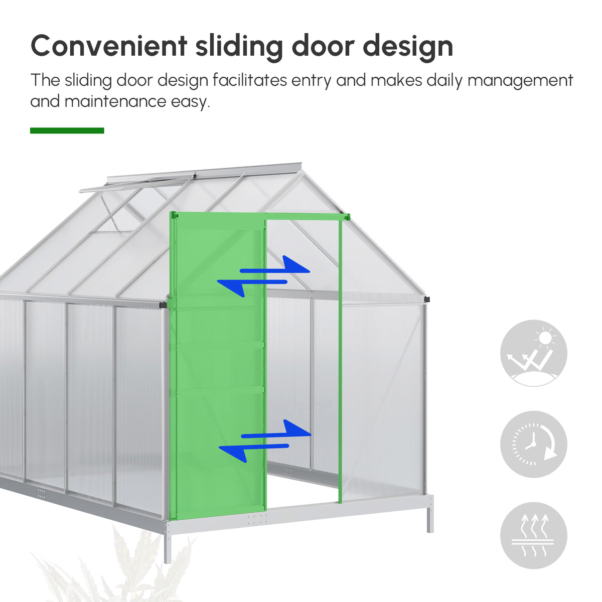 6' x 8' x 6.5' Walk-in Greenhouse, Polycarbonate Greenhouse with Adjustable Roof Vent, Base, Sliding Door – view 10