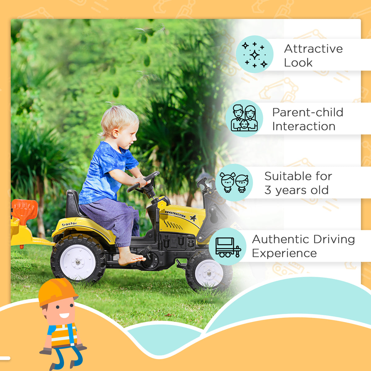 Aosom Front Loader Excavator Ride On Toy Pedal Control with 6 Wheels Controllable Bucket for 3 Years Old, Yellow