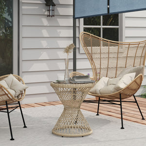 Wicker Outdoor Coffee Table, 18" Round Drum-Style Outdoor Patio Table with Tempered Glass Top, Light Brown