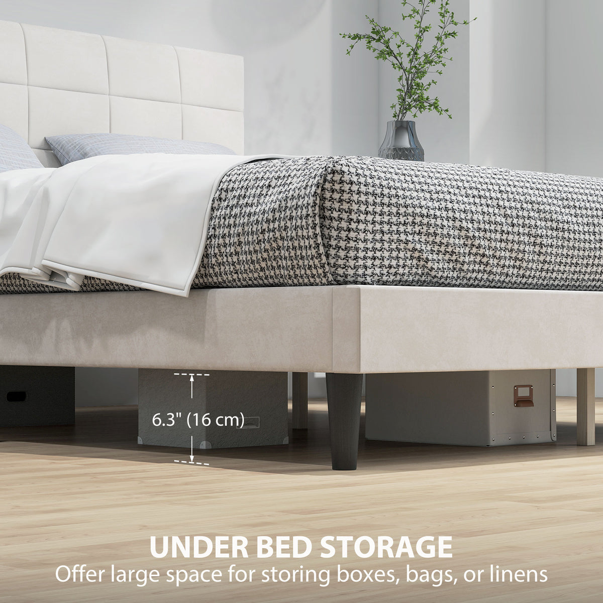 Queen Size Bed Frame with Upholstered Headboard, Modern Platform Bed Frame with Wood Slats, 1100 lbs Capacity, Cream