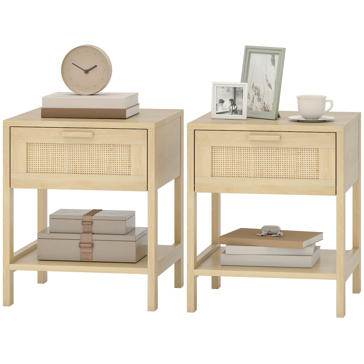 Narrow Nightstand with Rattan Elements, Bedside Table with Drawer and Storage Shelf for Bedroom, Natural – view 8