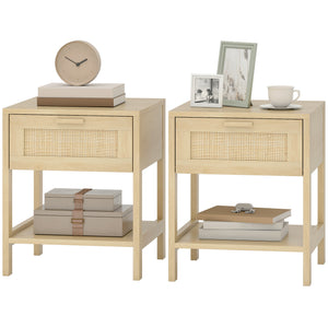 Narrow Nightstand with Rattan Elements, Bedside Table with Drawer and Storage Shelf for Bedroom, Natural – view 8