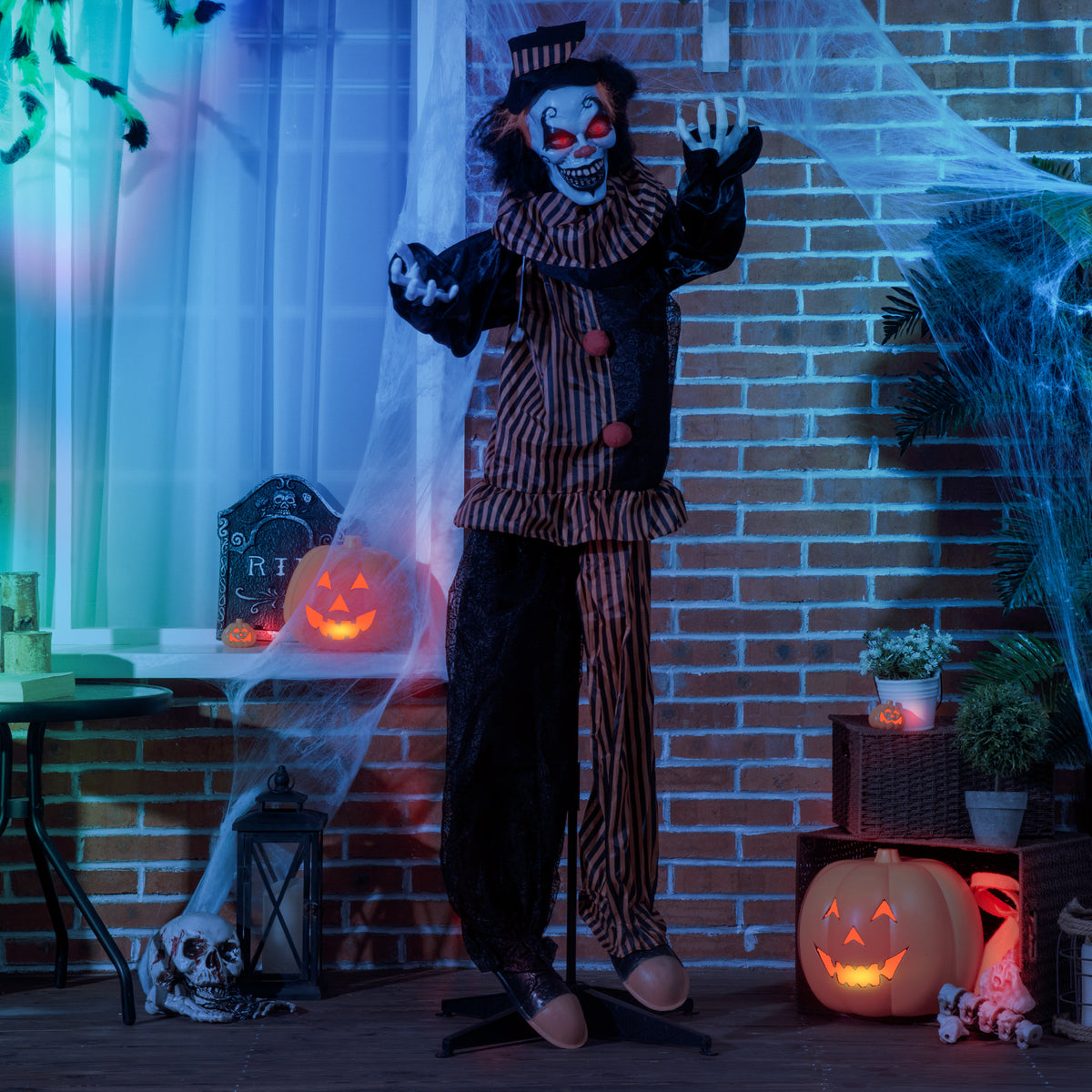 5.6' Life Size Clown Outdoor Halloween Decoration Animatronic, Animated Prop w/ Light Up Eyes