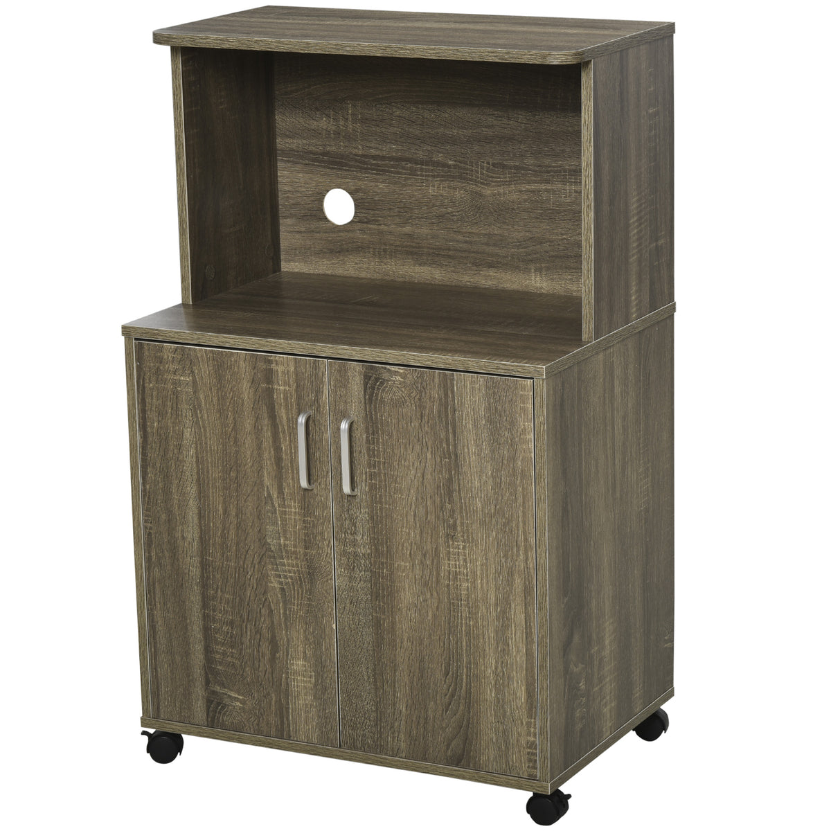 Microwave Cart on Wheels Utility Trolley Storage Sideboard Bookcase with 2-door Cabinet, Grey Wood Grain