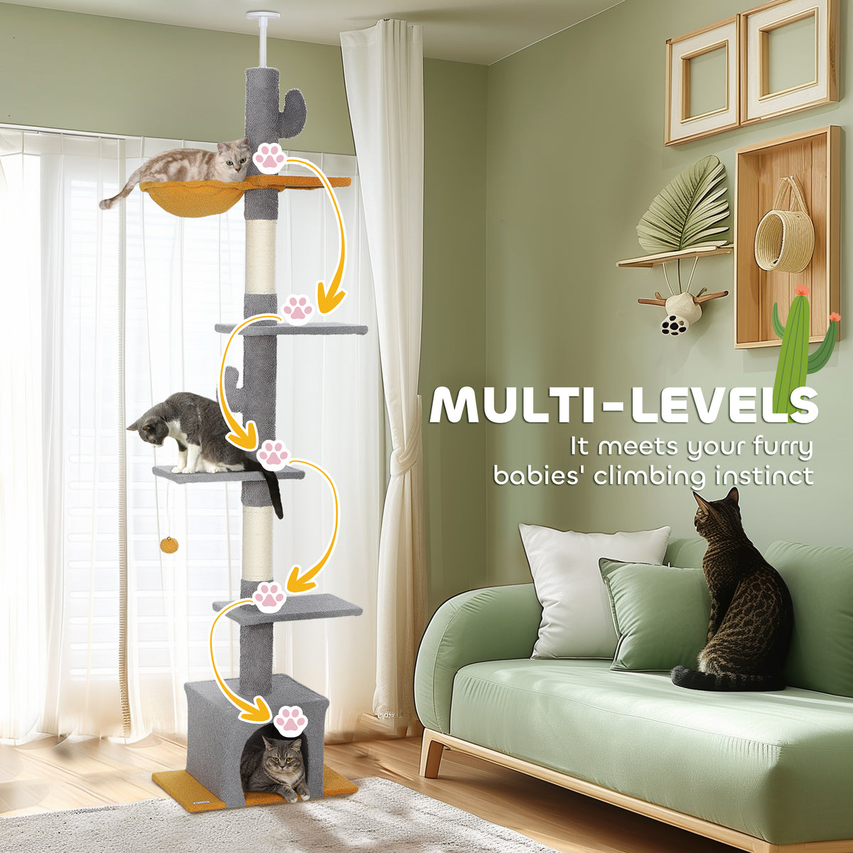 Floor to Ceiling Cat TreeTower with 90.5"-108" Adjustable Height, Scratching Posts, Hammock, Condo – view 19