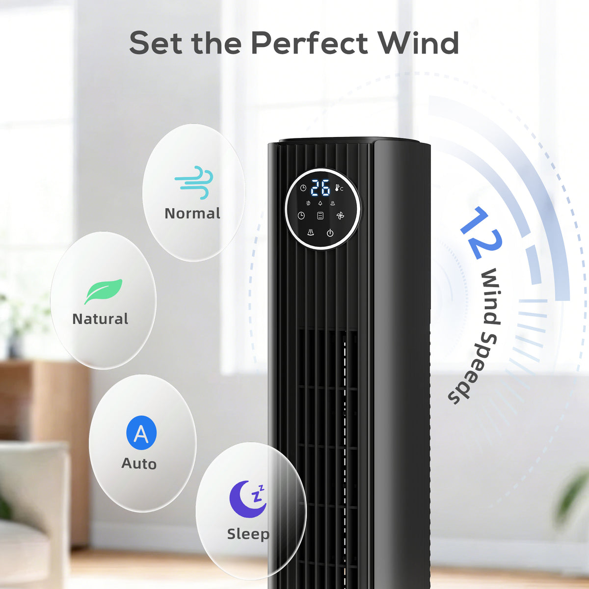 28dB Tower Fan with 12 Speeds and 4 Modes, Standing Floor Fan with 80° Oscillating, 12H Timer, Black