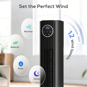 28dB Tower Fan with 12 Speeds and 4 Modes, Standing Floor Fan with 80° Oscillating, 12H Timer, Black