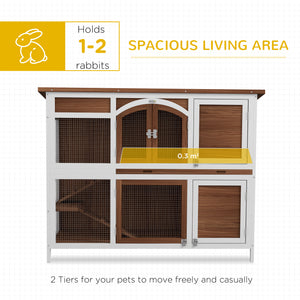 Two-Tier Wooden Rabbit Hutch with Openable Roof, Slide-Out Tray