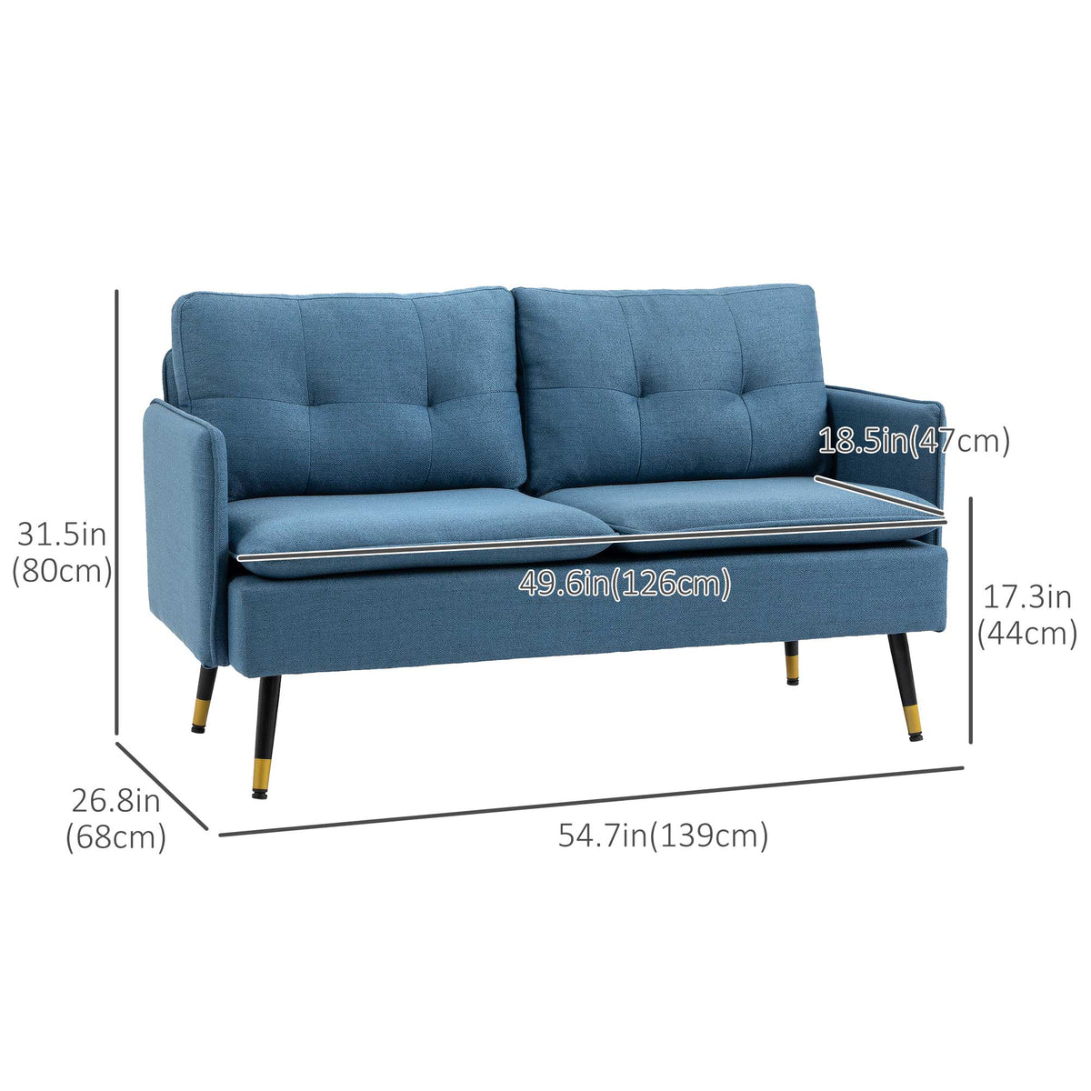 55" Loveseat Sofa, Linen Love Seat w/ S spring, Steel Legs and Button Tufting, Small Couch for Living Room – view 16