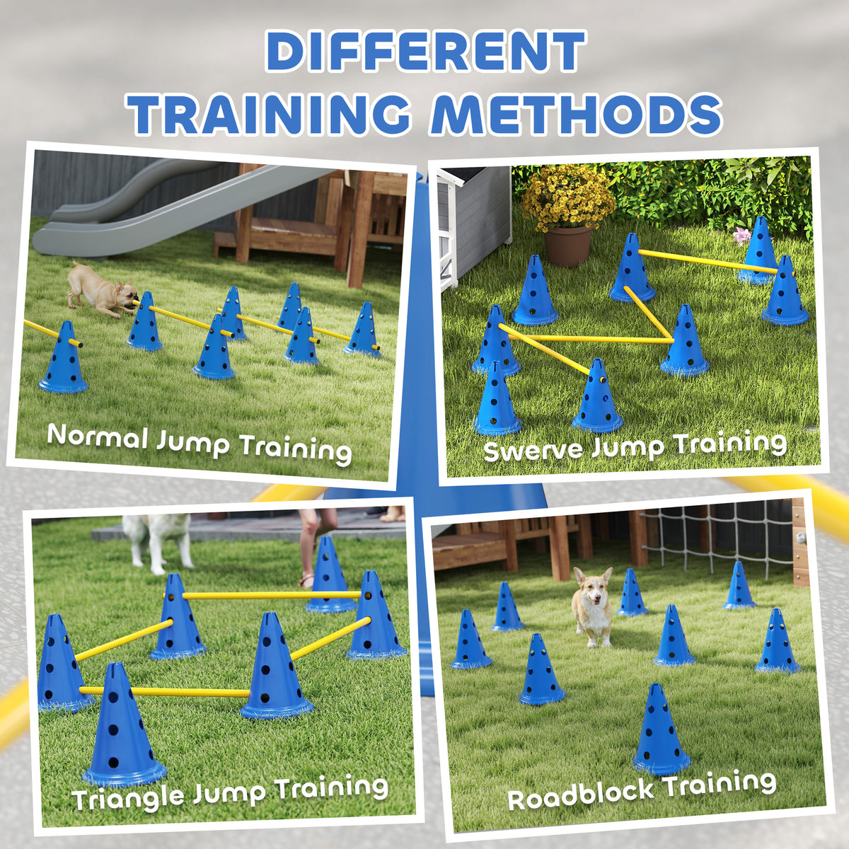 Dog Agility Hurdle Cone Set, Adjustable Obstacle Course Equipment with 8 Cones & 8 Poles, Carry Bag, Blue