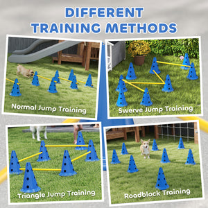 Dog Agility Hurdle Cone Set, Adjustable Obstacle Course Equipment with 8 Cones & 8 Poles, Carry Bag, Blue