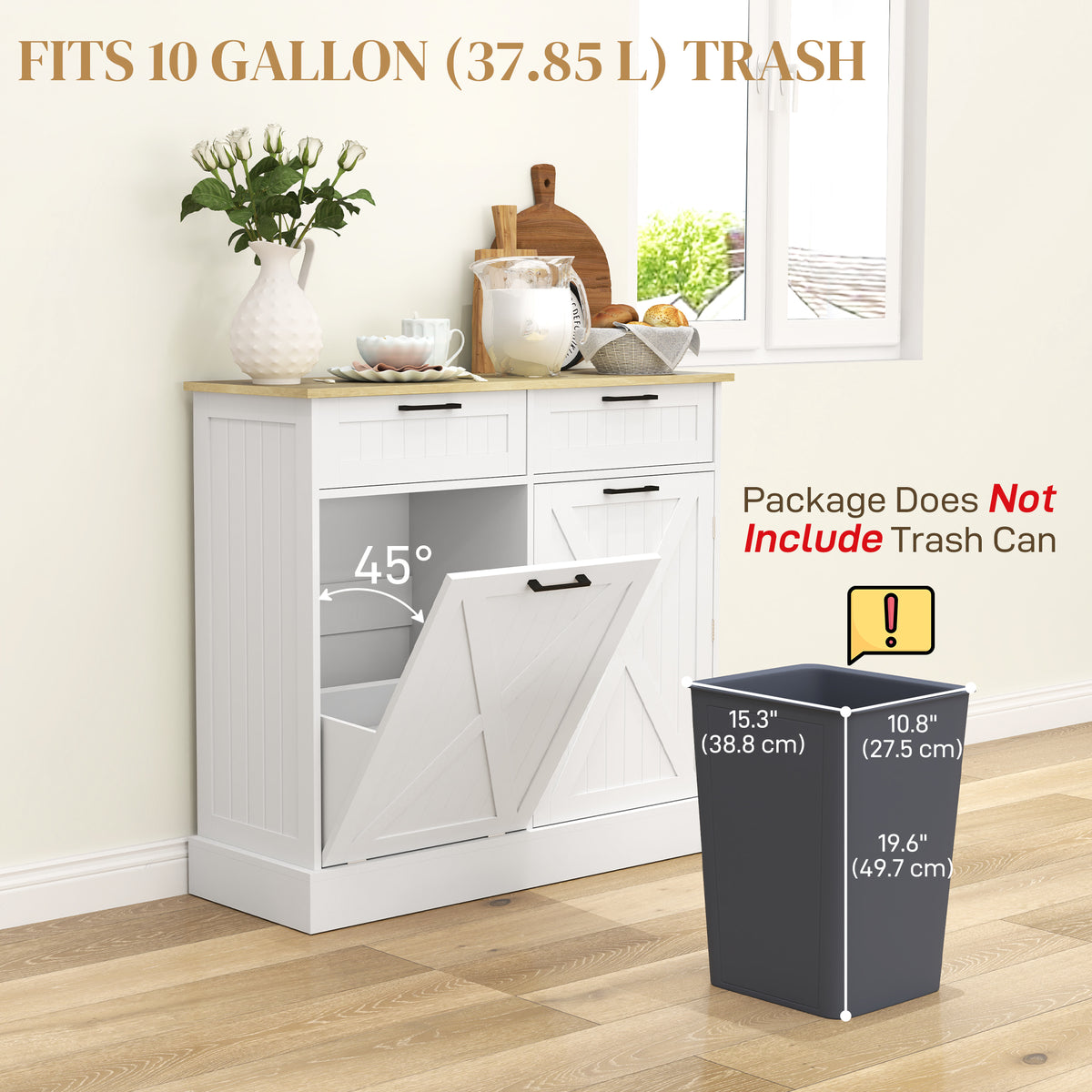 10 Gallon Hidden Garbage Bin Cabinet, Tilt Out Trash Cabinet w/ 2 Drawers, Freestanding Kitchen Island – view 11