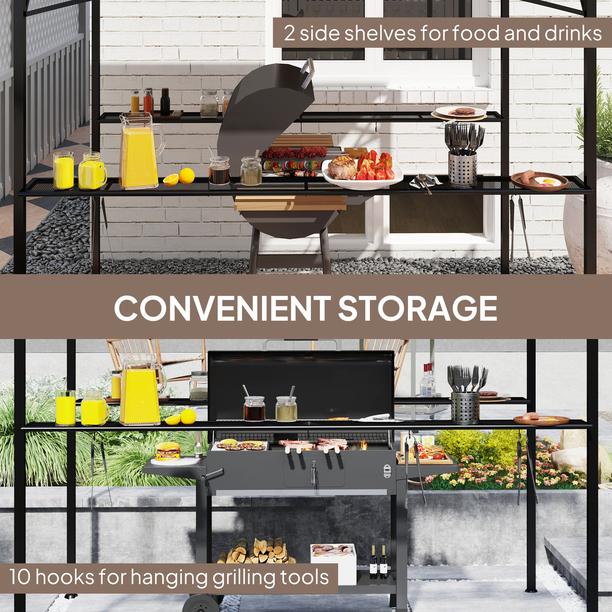 8' x 5' Hardtop Grill Gazebo, Outdoor BBQ Gazebo with PC Board Roof, BBQ Canopy Gazebo with 2 Side Shelves and 10 Hooks