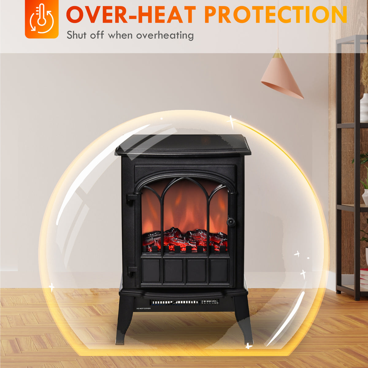 Electric Fireplace Stove, Freestanding Fireplace Heater with Realistic Flame, Adjustable brightness, Overheating Safety System, Black