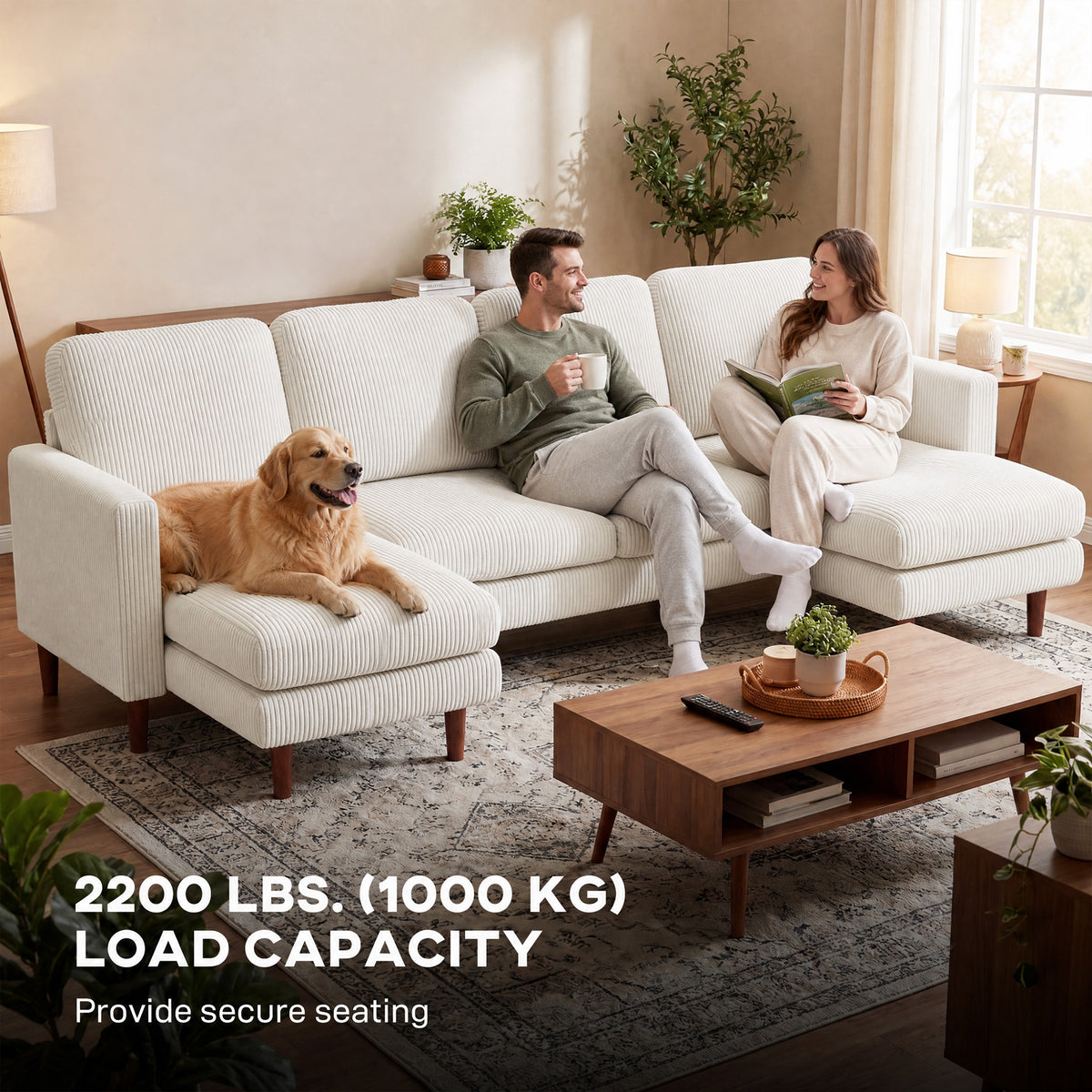 Sectional Sofa, Corduroy U Shaped Couch with Double Chaise and Spring Cushions, 2200lb Capacity, Beige – view 5