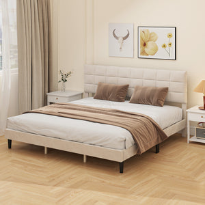 Queen Size Bed Frame with Upholstered Headboard, Modern Platform Bed Frame with Wood Slats, 1100 lbs Capacity, Cream