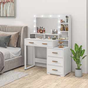 Illuminated Dresssing Table, LED Vanity Table with Mirror, Drawer and Storage Shelves for Bedroom, White